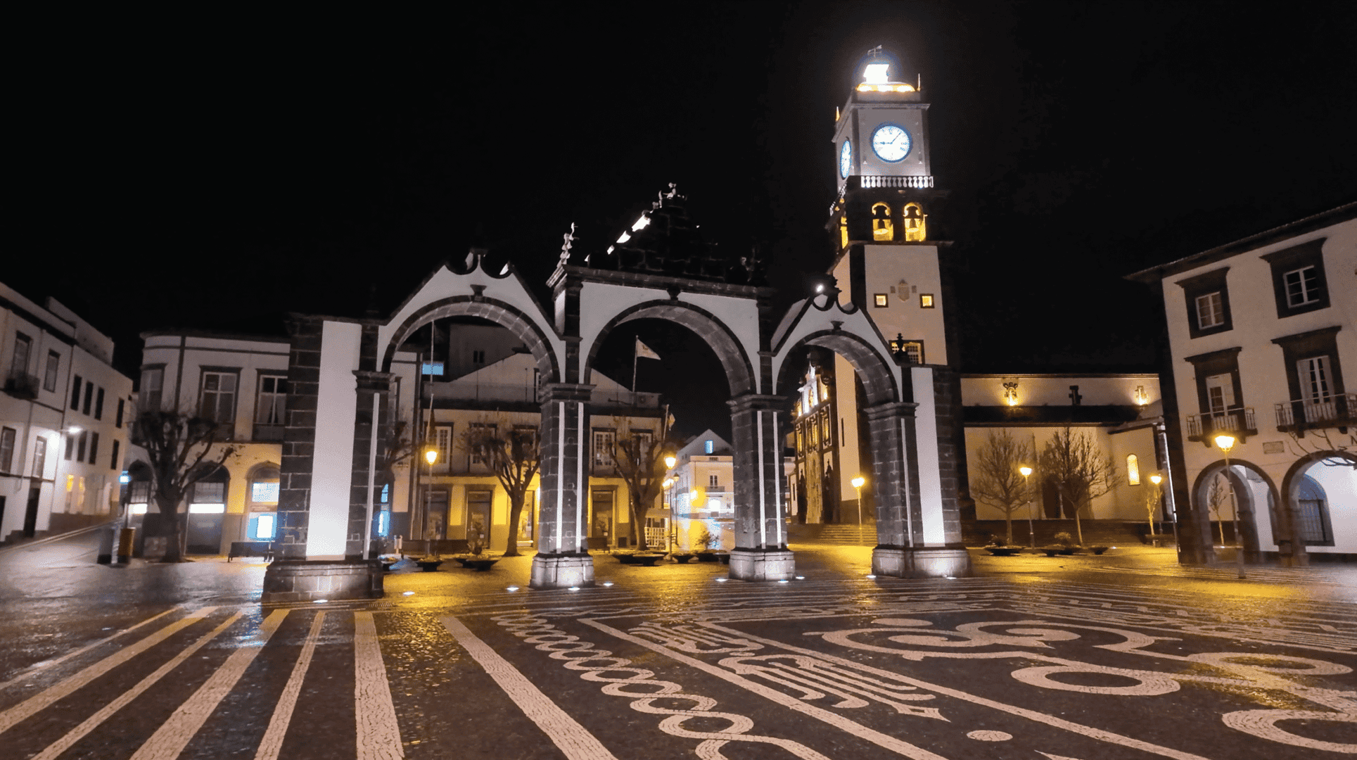 Portas da Cidade in Ponta Delgada at night on São Miguel Island, Azores during a self-guided hiking tour