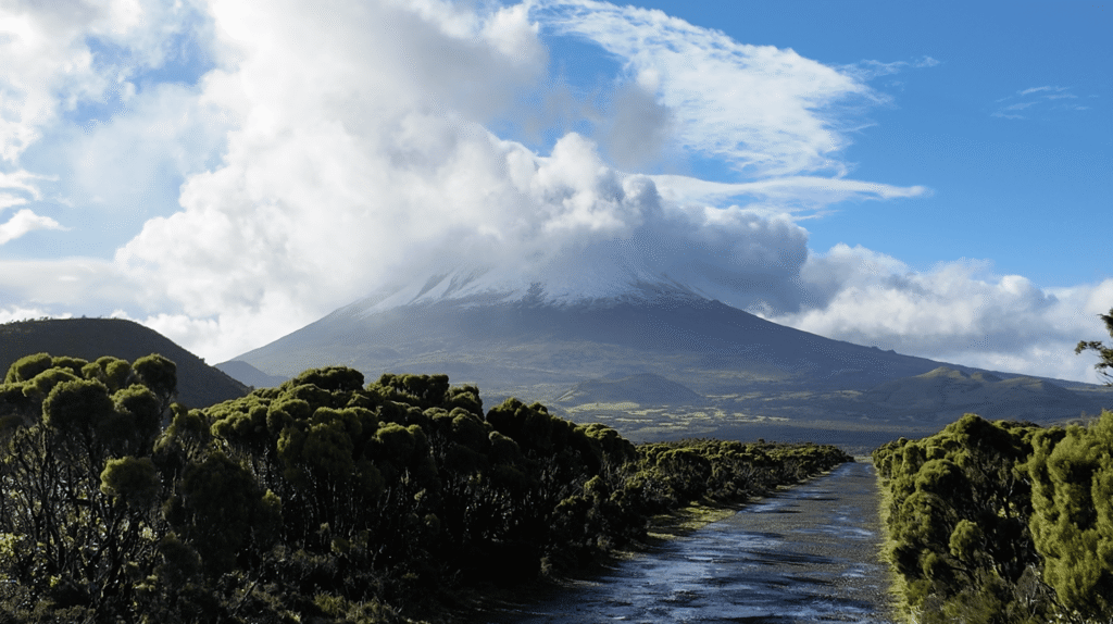 Mount Pico volcano on Pico Island in the Azores with snow-covered summit during a self-guided hiking tour