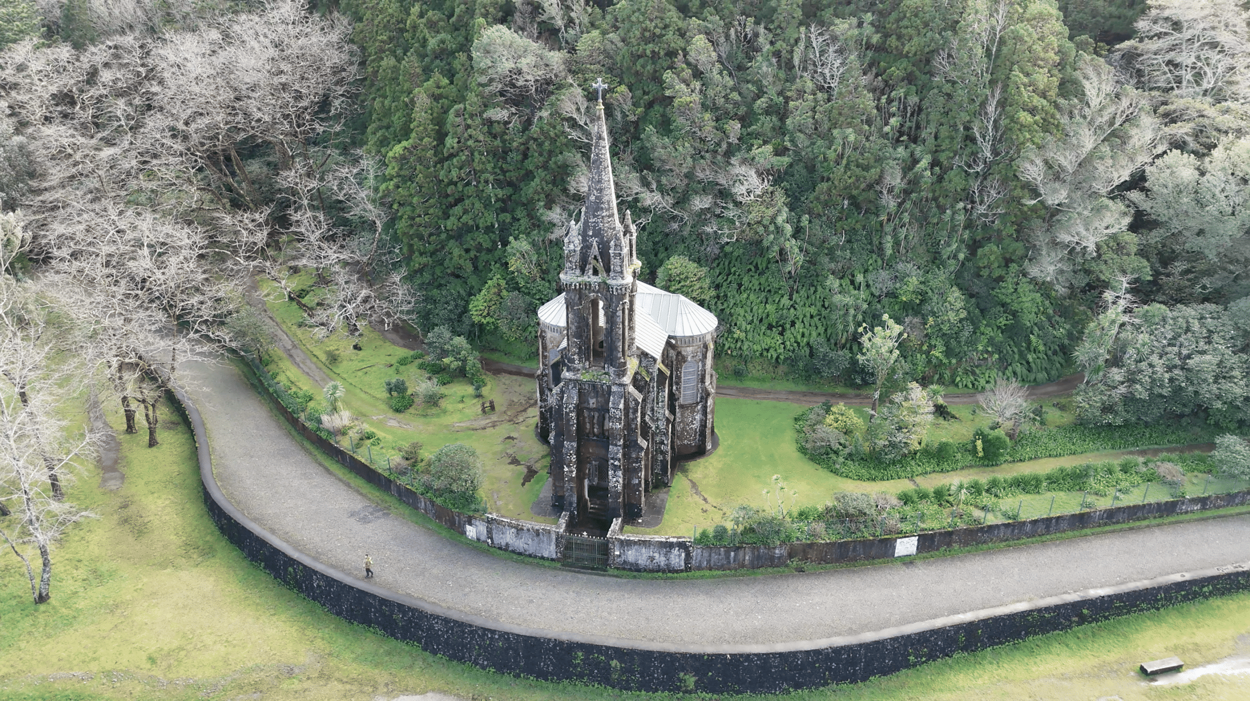walking in azores aerial shot
